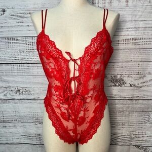 Victoria's Secret Gold Label Medium Red Full Lace Bodysuit 90s‎ Y2K Vintage